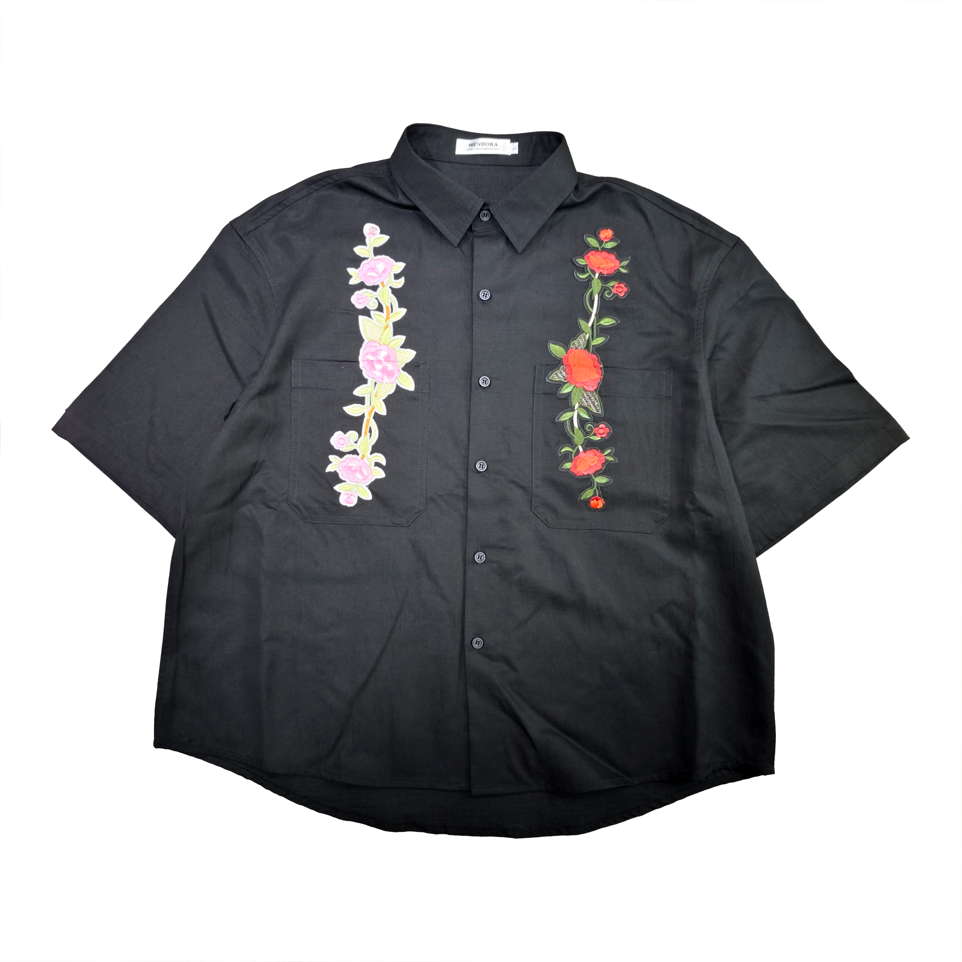 MENDORA BLACK AND WHITE FLOWER WOVEN BUTTON SHIRT